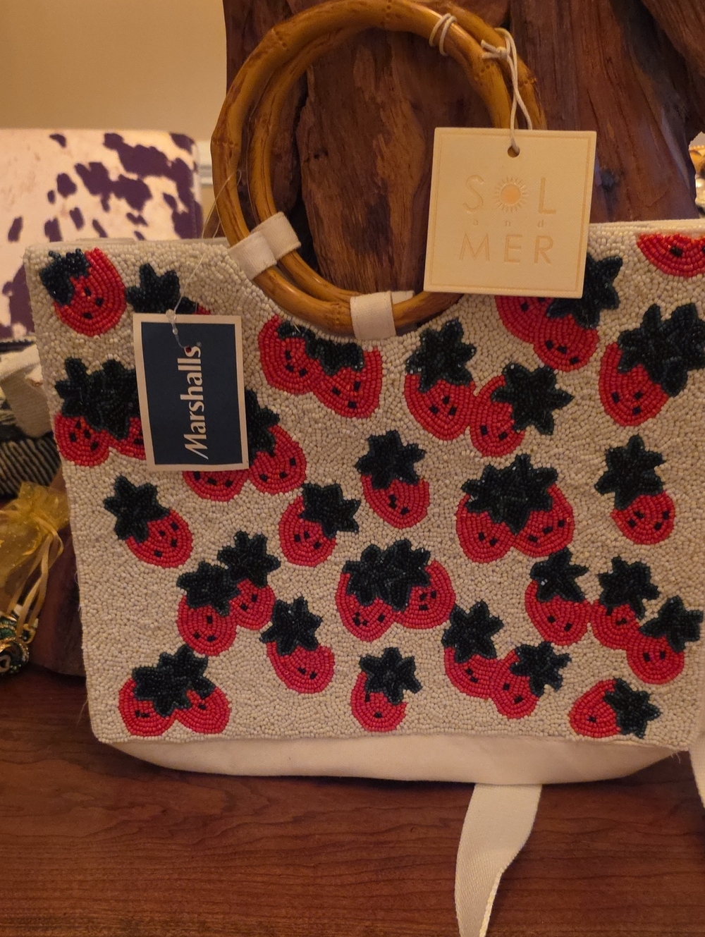 Strawberry Beaded Tote Bag with Bamboo Handles - Red/Black